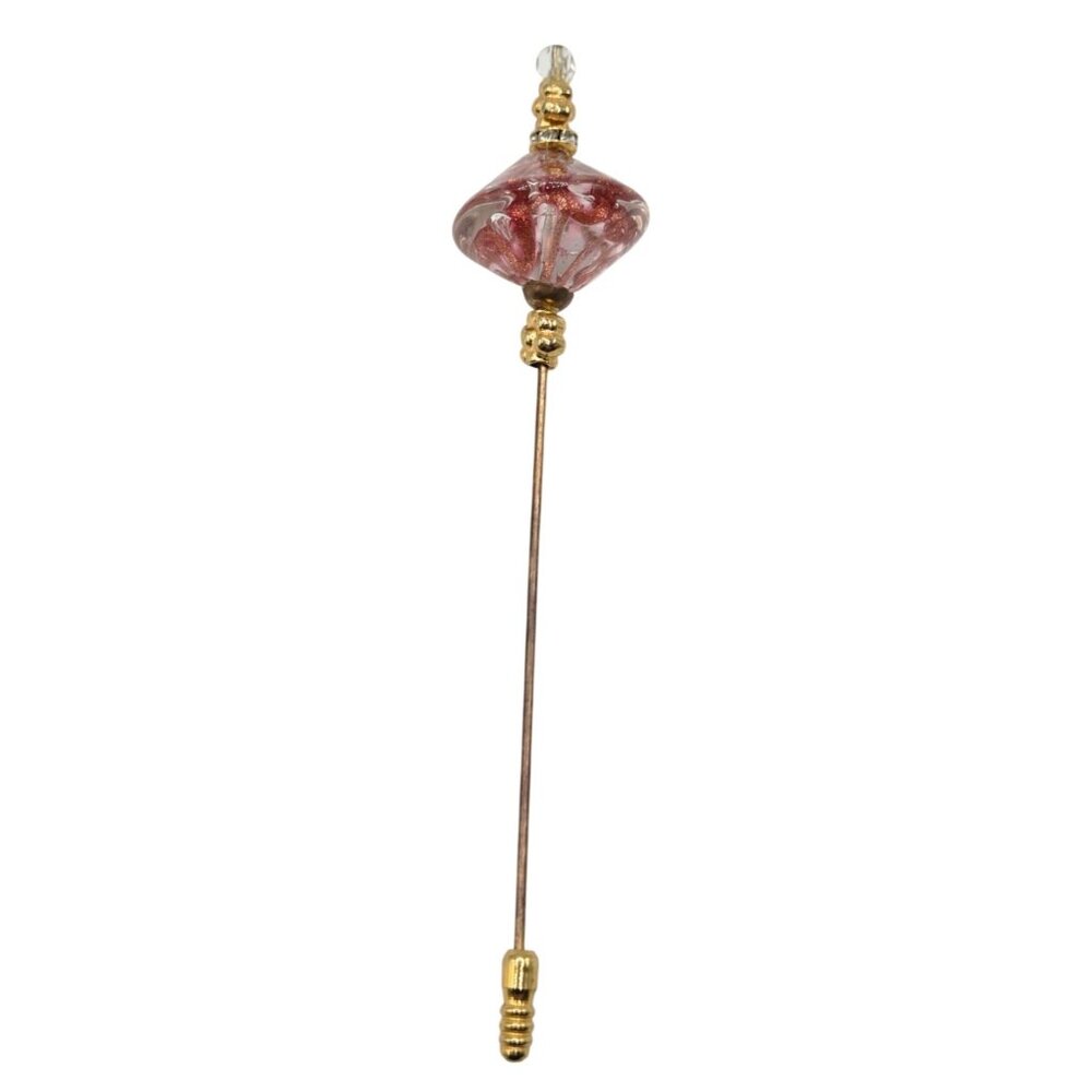 Handmade Glass Bead Hat Pin With Gold Accents & Crystals Vintage-Inspired Design